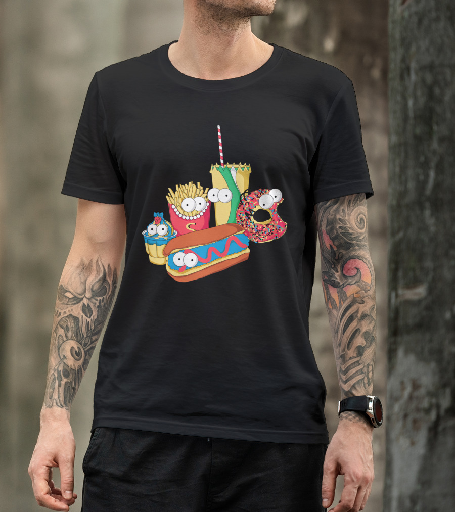 Mac Simpson Fast Food Characters Hot Dog Donut Fries Cupcake Drink T-Shirt