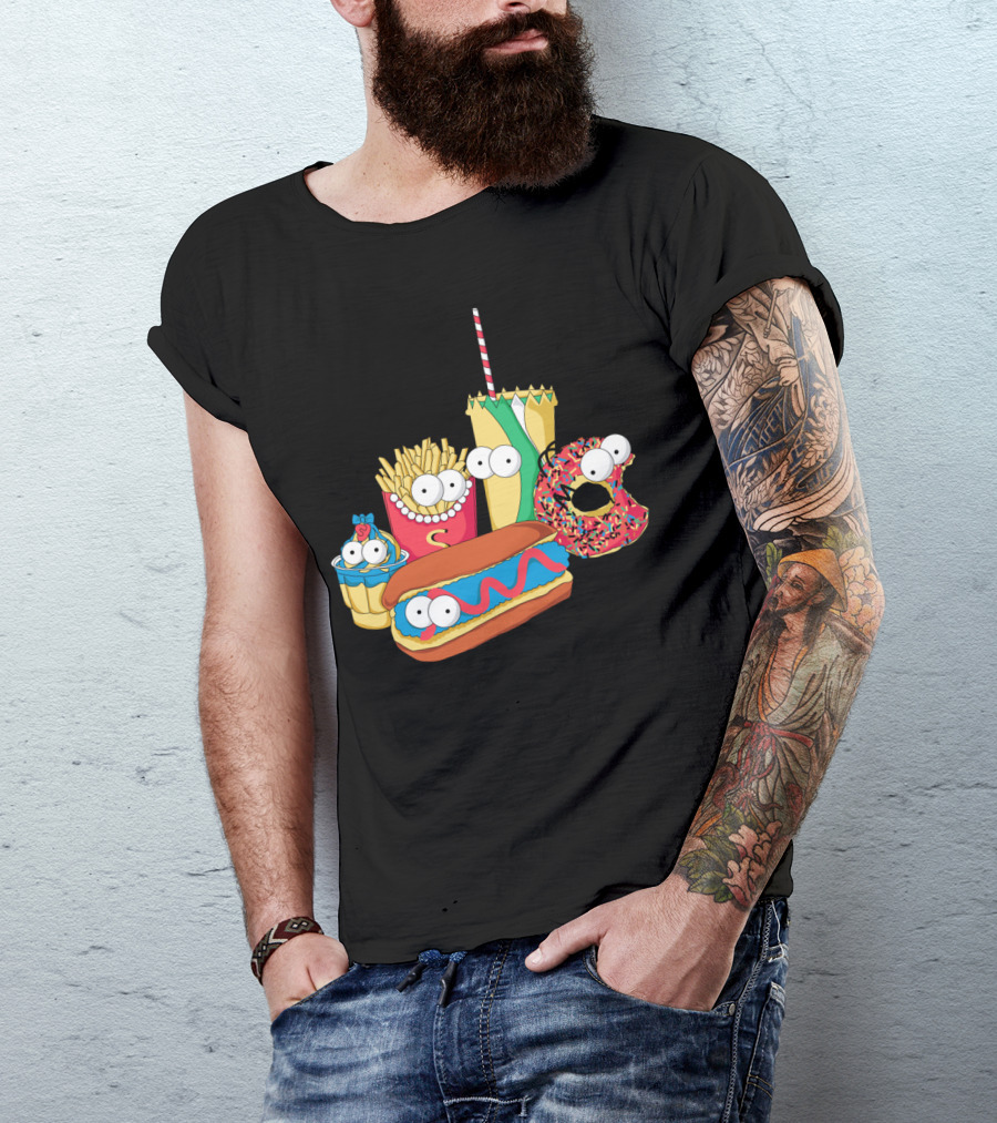 Mac Simpson Fast Food Characters Hot Dog Donut Fries Cupcake Drink T-Shirt