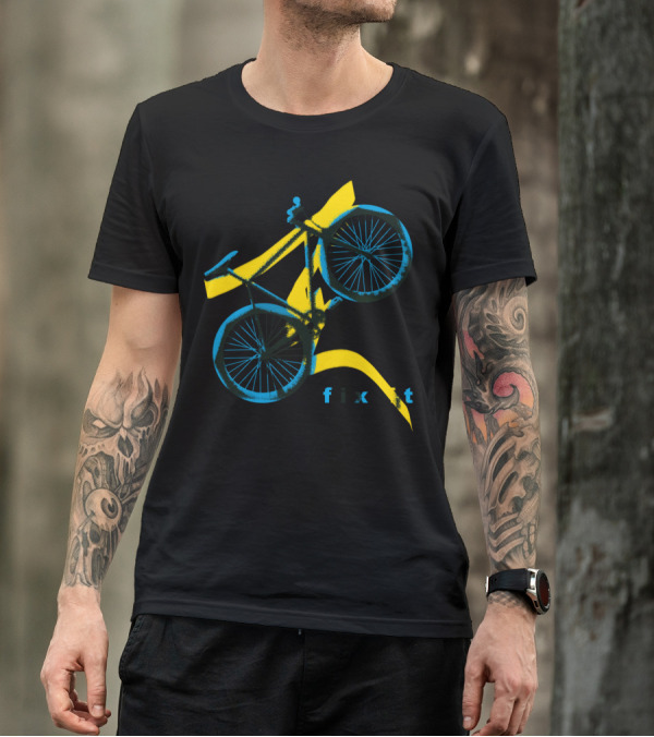 Blue Fixie Bike Fix It Yellow Lightning T-Shirt
