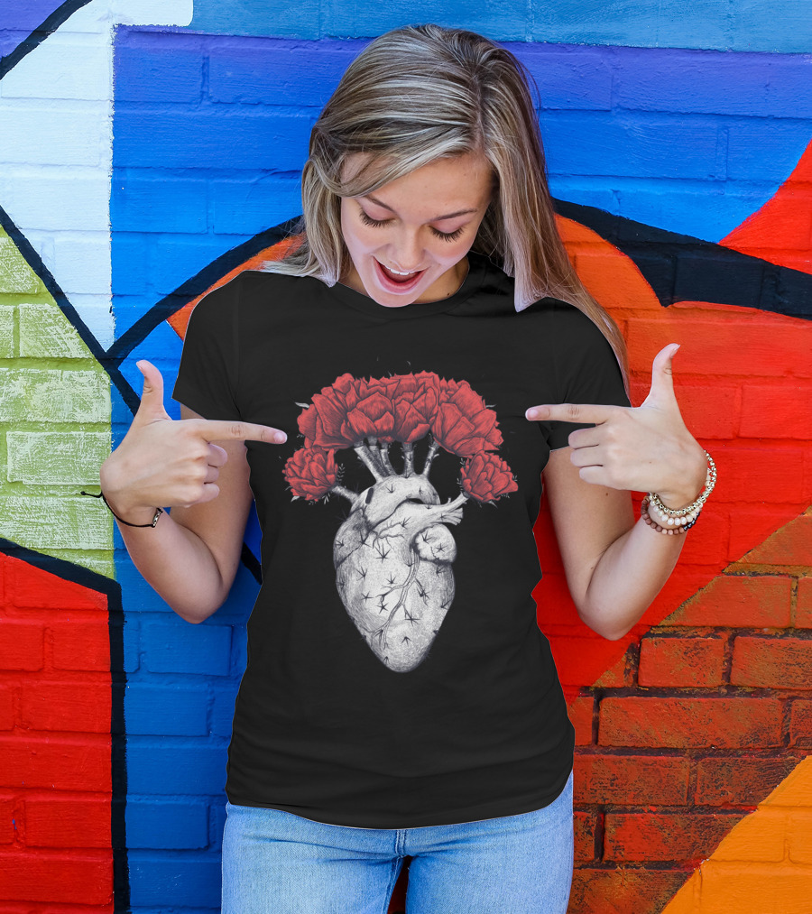 Cactus Heart With Red Flowering Blooms T-Shirt