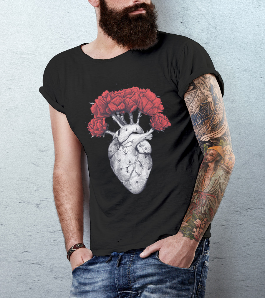 Cactus Heart With Red Flowering Blooms T-Shirt