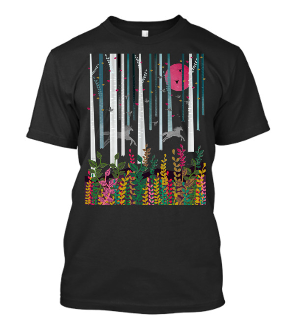 Flying Horses Forest Scene With Colorful Foliage And Pink Moon T-Shirt