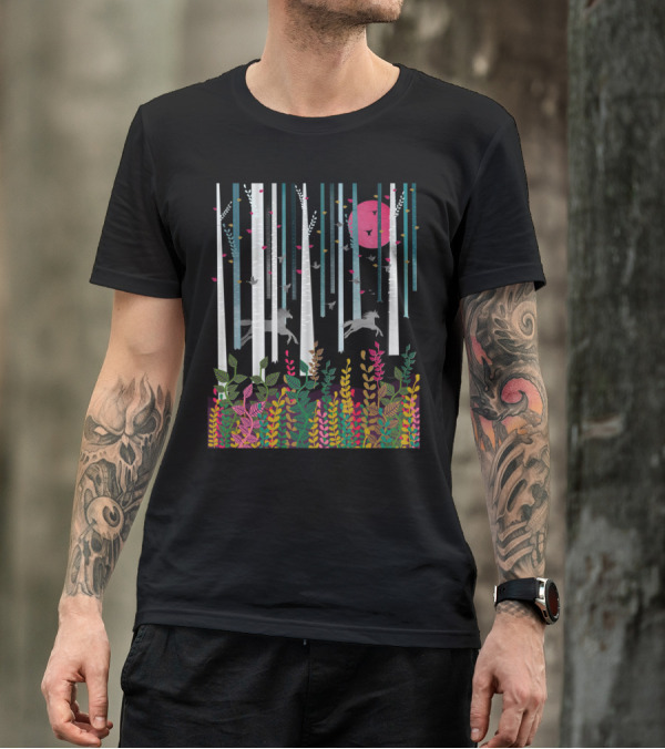 Flying Horses Forest Scene With Colorful Foliage And Pink Moon T-Shirt
