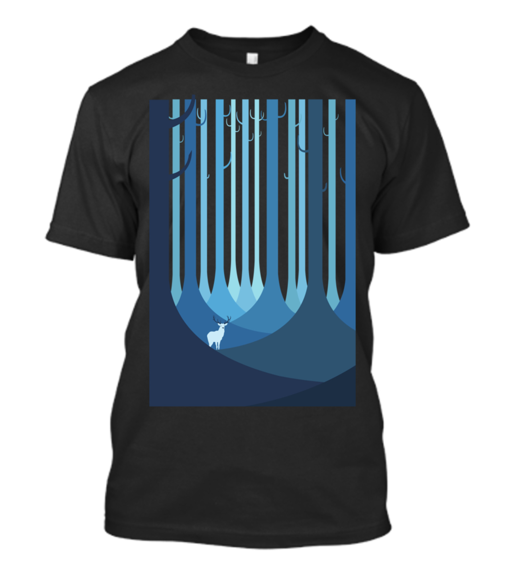 Blue Forest Deer In Stylized Woodland Scene T-Shirt