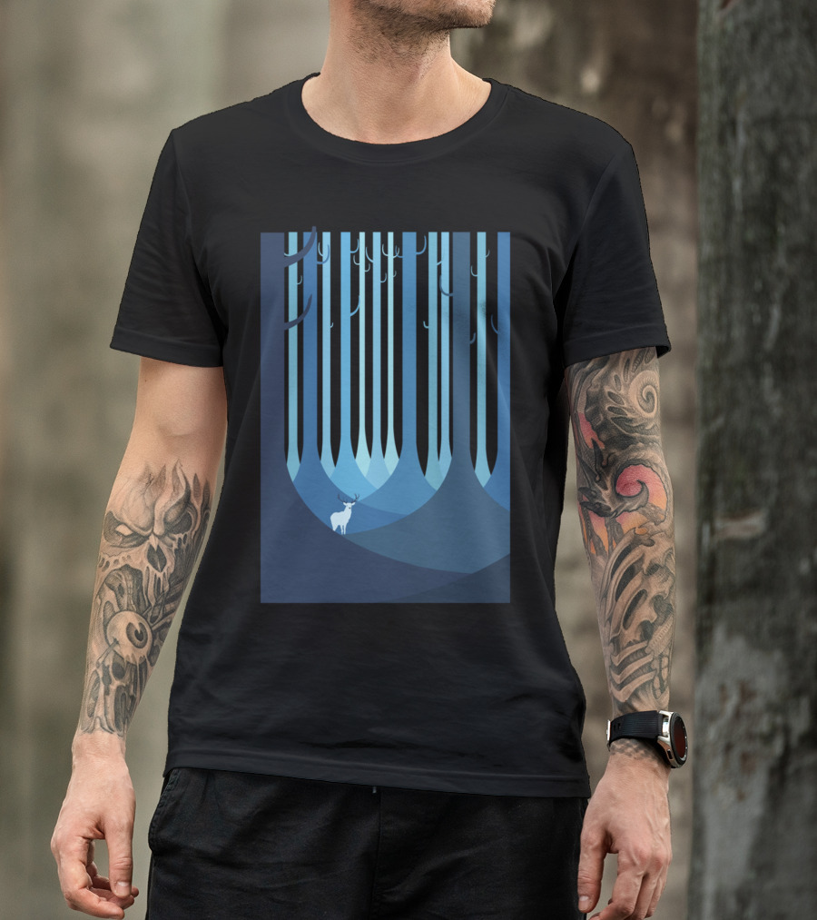 Blue Forest Deer In Stylized Woodland Scene T-Shirt