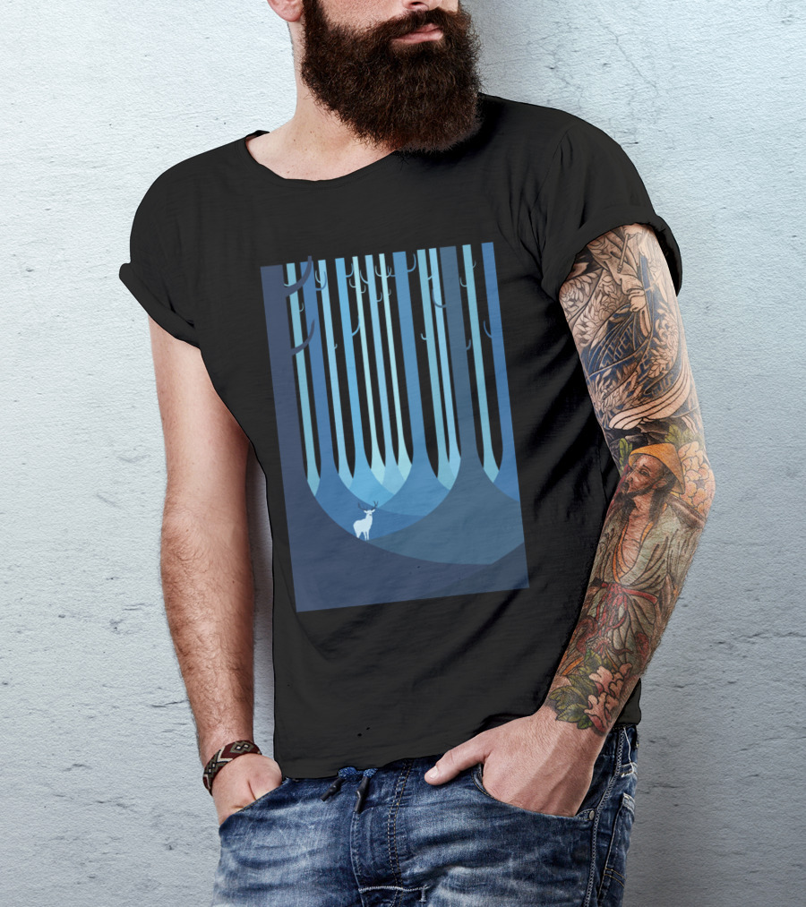 Blue Forest Deer In Stylized Woodland Scene T-Shirt