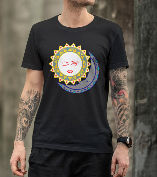 Dia Y Luna Sun Winking Face And Crescent Moon T-Shirt