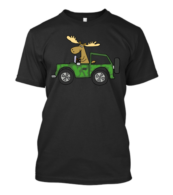 Cool Funky Moose Driving Camouflaged Jeep T-Shirt