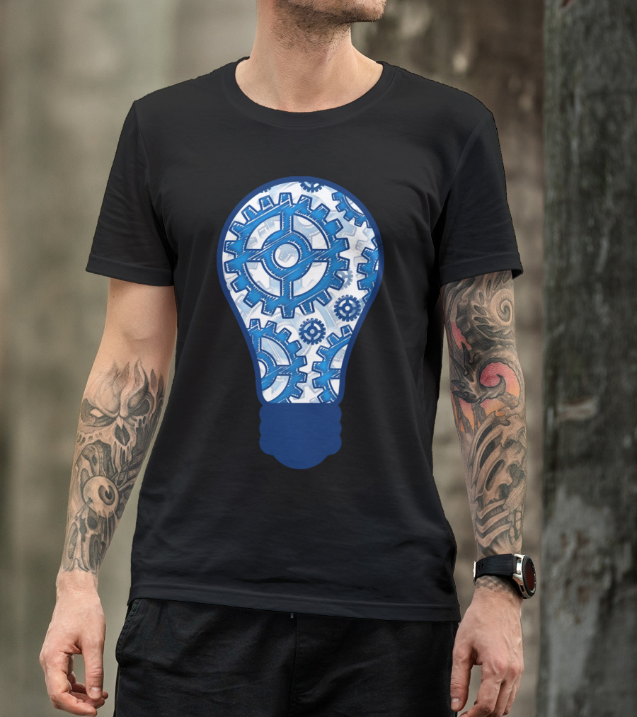 Intricate Blue Gears Inside Light Bulb T-Shirt