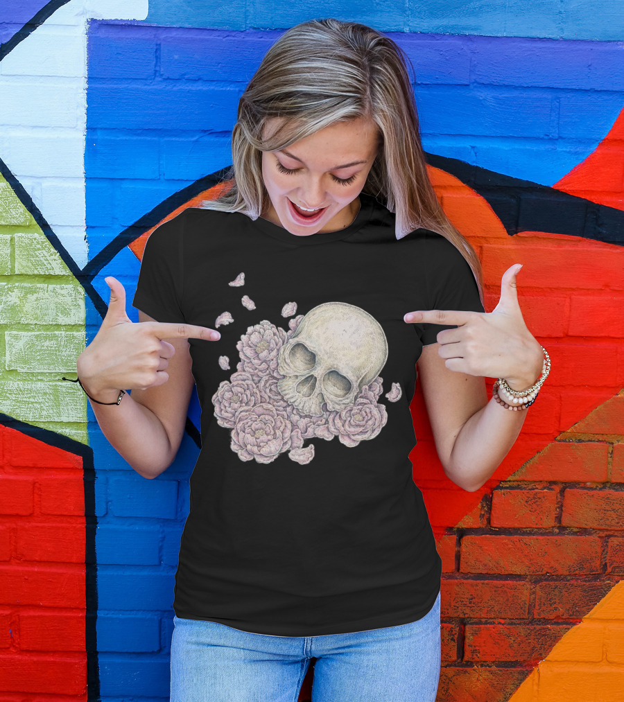 Flying Petals Skull With Blossoms T-Shirt