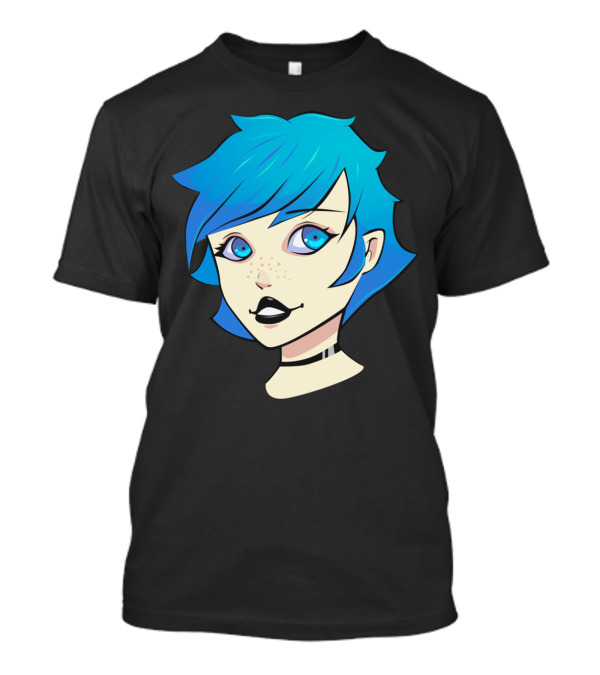 Blue Hair Anime Style Portrait With Freckles And Choker T-Shirt