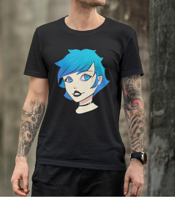 Blue Hair Anime Style Portrait With Freckles And Choker T-Shirt