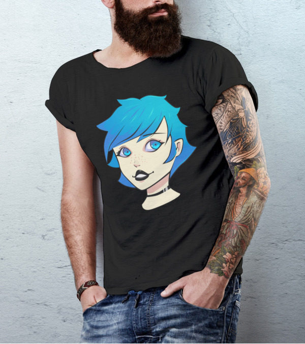 Blue Hair Anime Style Portrait With Freckles And Choker T-Shirt