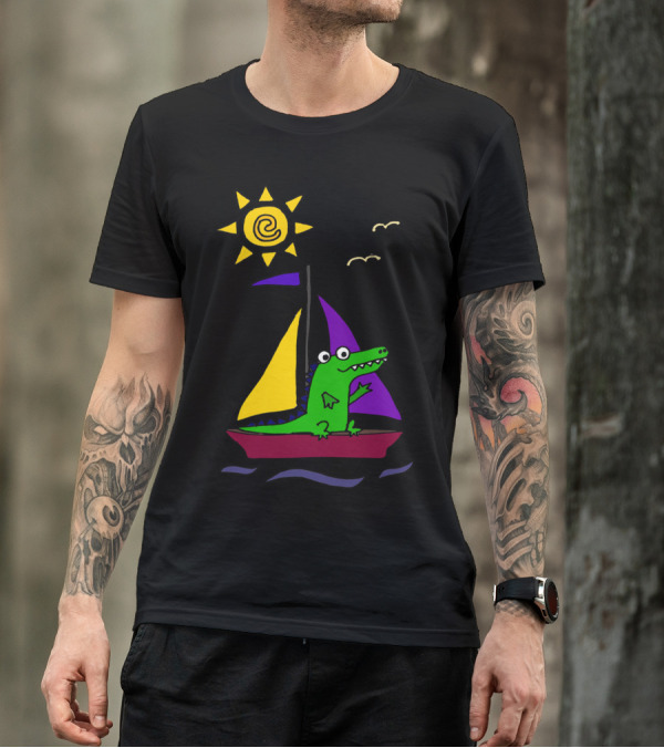 Cool Funny Alligator On Colorful Sailboat Under Shining Sun T-Shirt