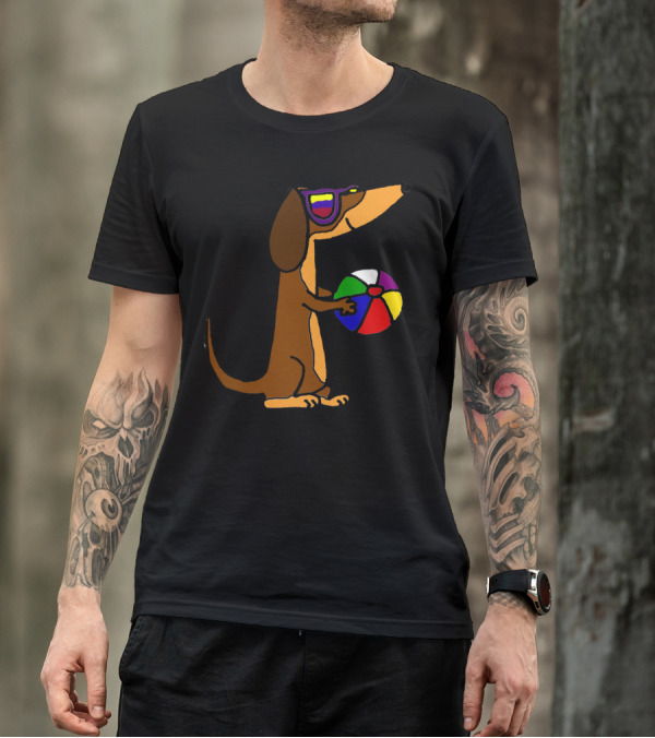 Cool Dachshund Beach Vibes With Sunglasses And Colorful Ball T-Shirt