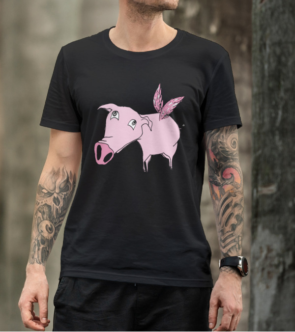 Flying Pig Surreal Illustration With Wings On Pink Animal T-Shirt