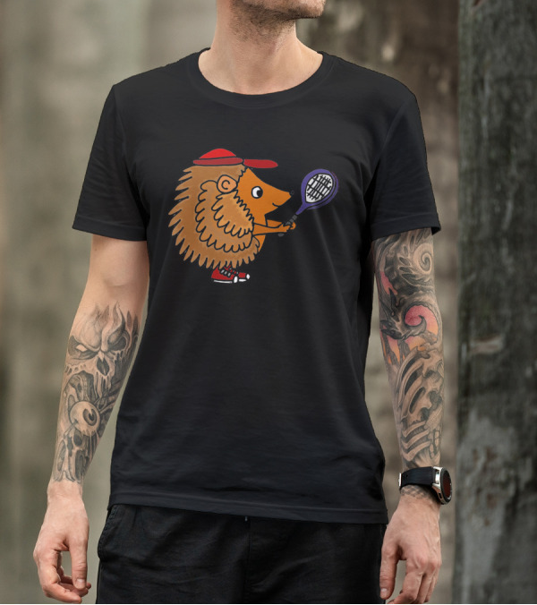 Cool Funny Funky Hedgehog Playing Tennis With Red Cap And Sneakers T-Shirt