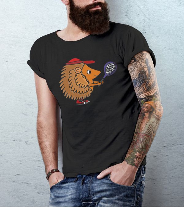 Cool Funny Funky Hedgehog Playing Tennis With Red Cap And Sneakers T-Shirt
