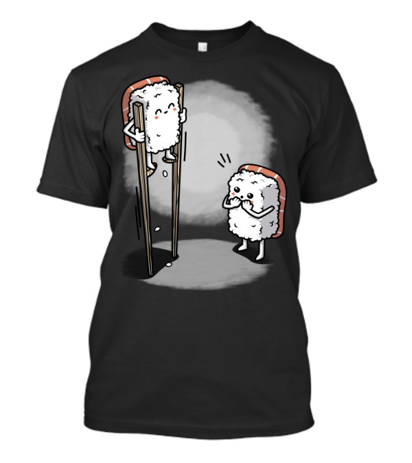 Sushi Balancing On Chopsticks With Cute Rice Character Watching T-Shirt