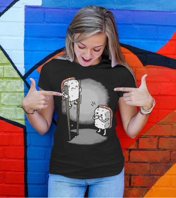 Sushi Balancing On Chopsticks With Cute Rice Character Watching T-Shirt