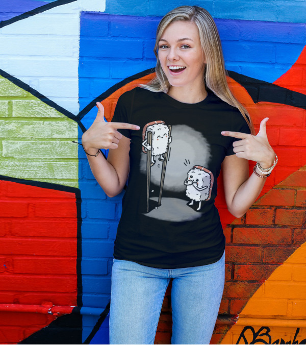 Sushi Balancing On Chopsticks With Cute Rice Character Watching T-Shirt