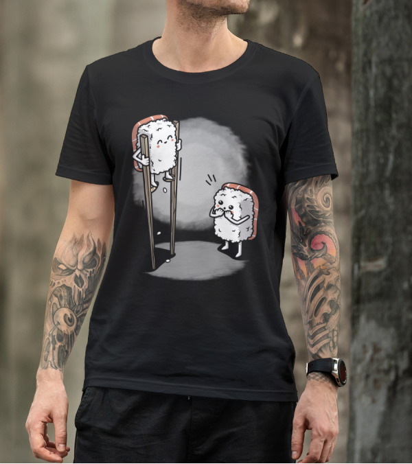 Sushi Balancing On Chopsticks With Cute Rice Character Watching T-Shirt