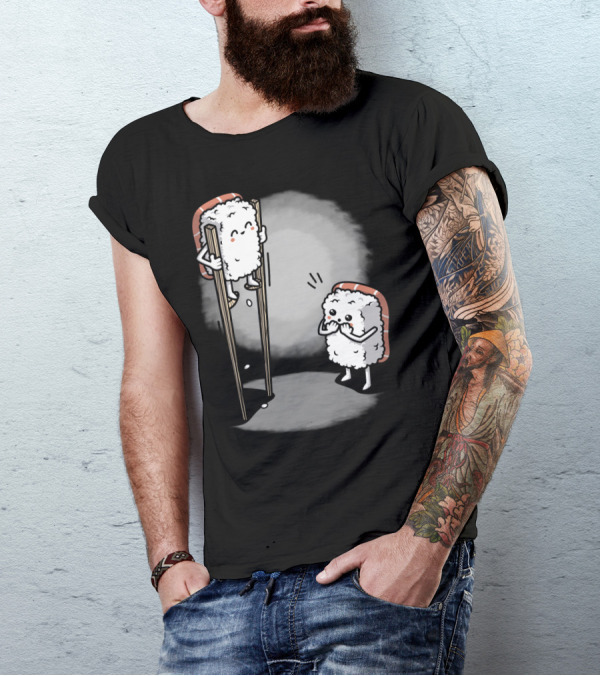 Sushi Balancing On Chopsticks With Cute Rice Character Watching T-Shirt
