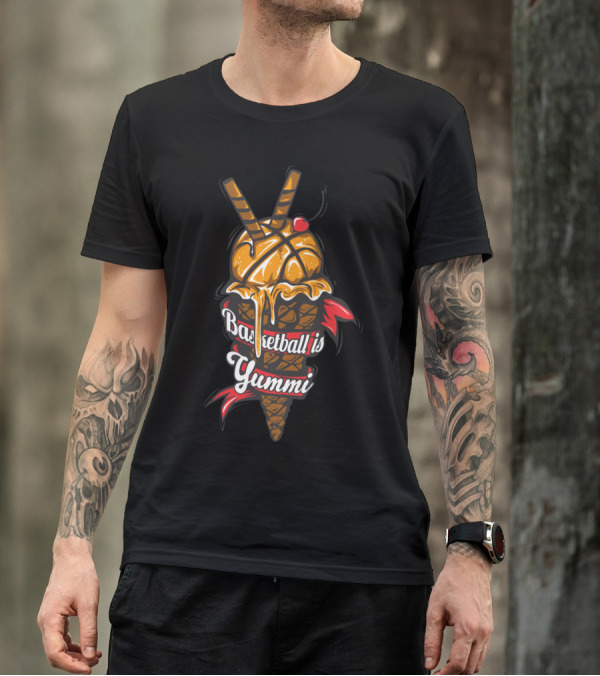 Basketball Is Yummi Ice Cream Cone With Cherry And Chocolate Wafer Sticks T-Shirt