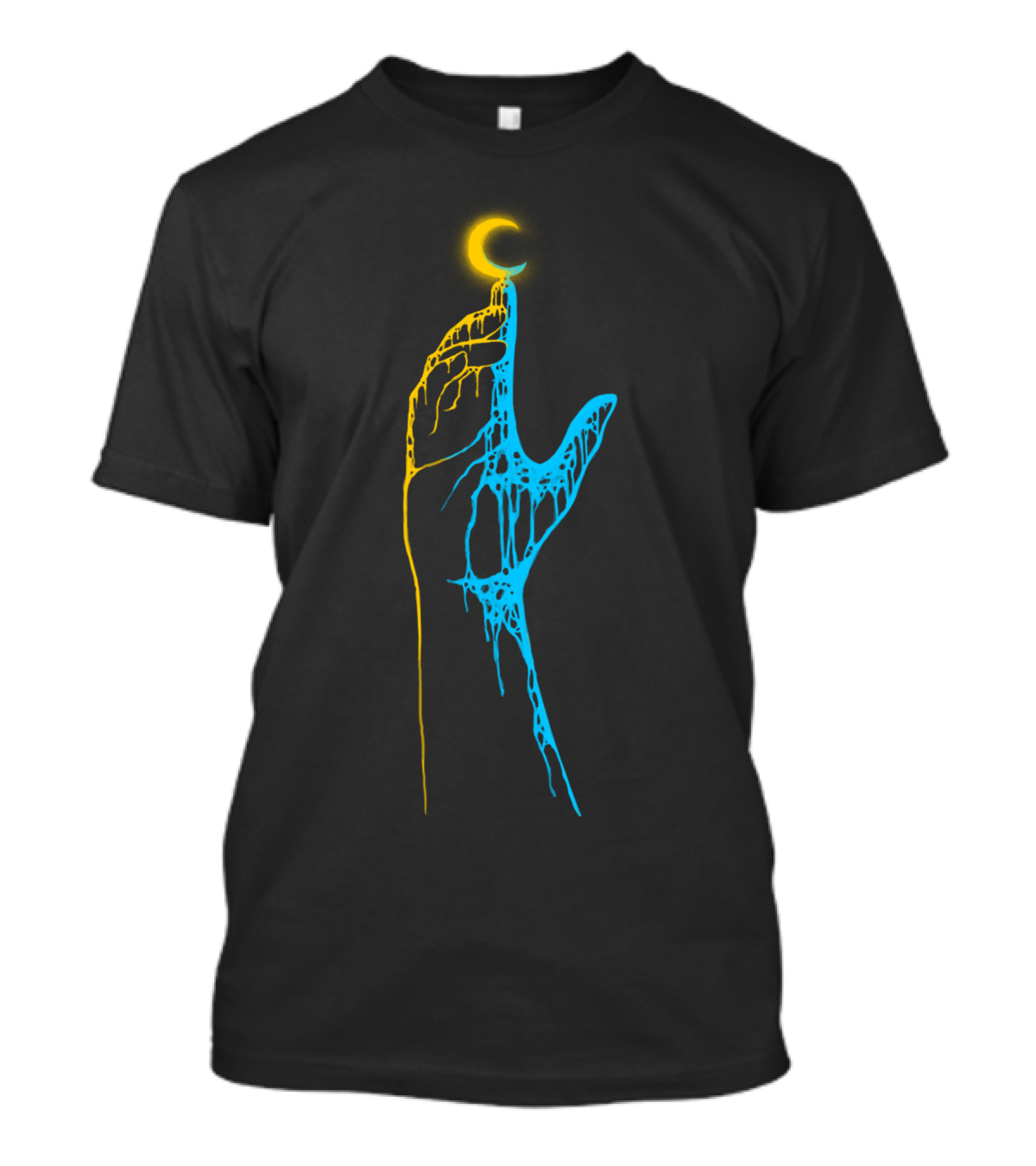 Reaching Hand Dripping Blue Holding Glowing Yellow Crescent Moon T-Shirt