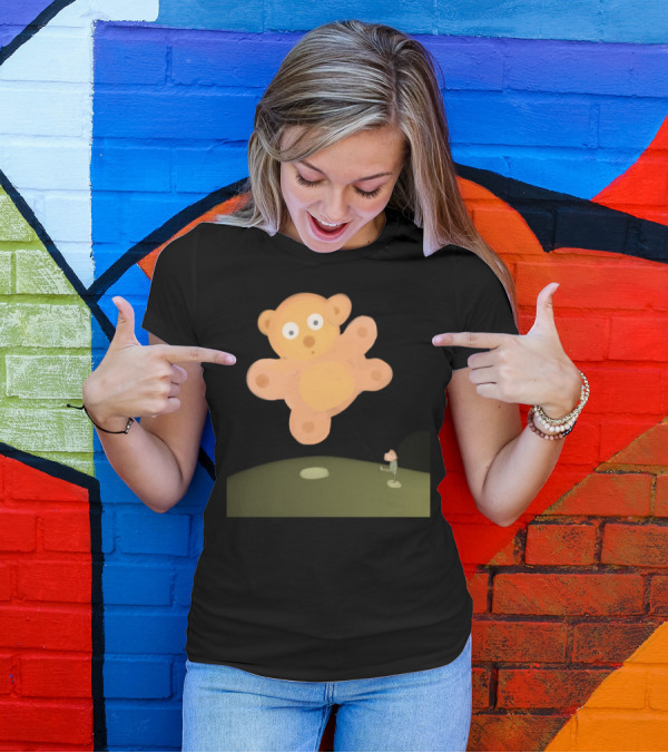 Flying Teddy Floating Over Green Hill T-Shirt