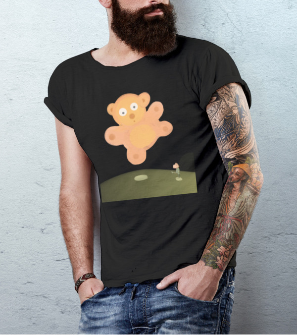 Flying Teddy Floating Over Green Hill T-Shirt