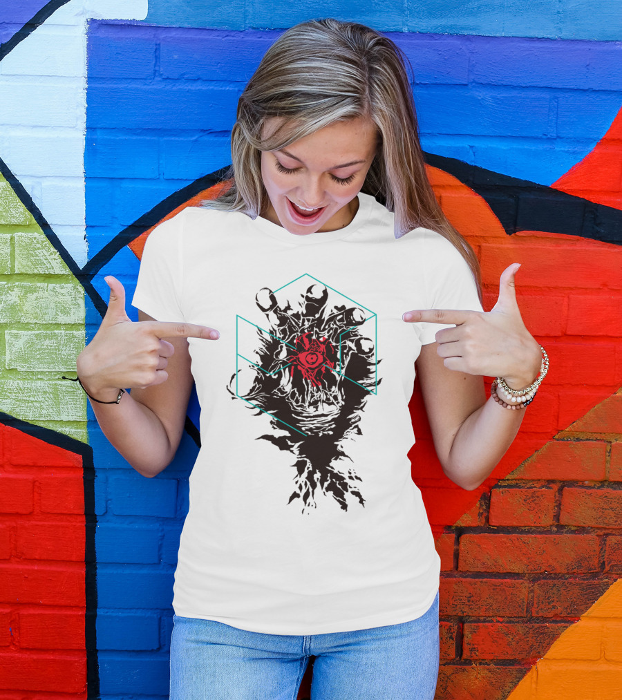 Reaching Out Hand With Red Eye In Geometric Frame T-Shirt