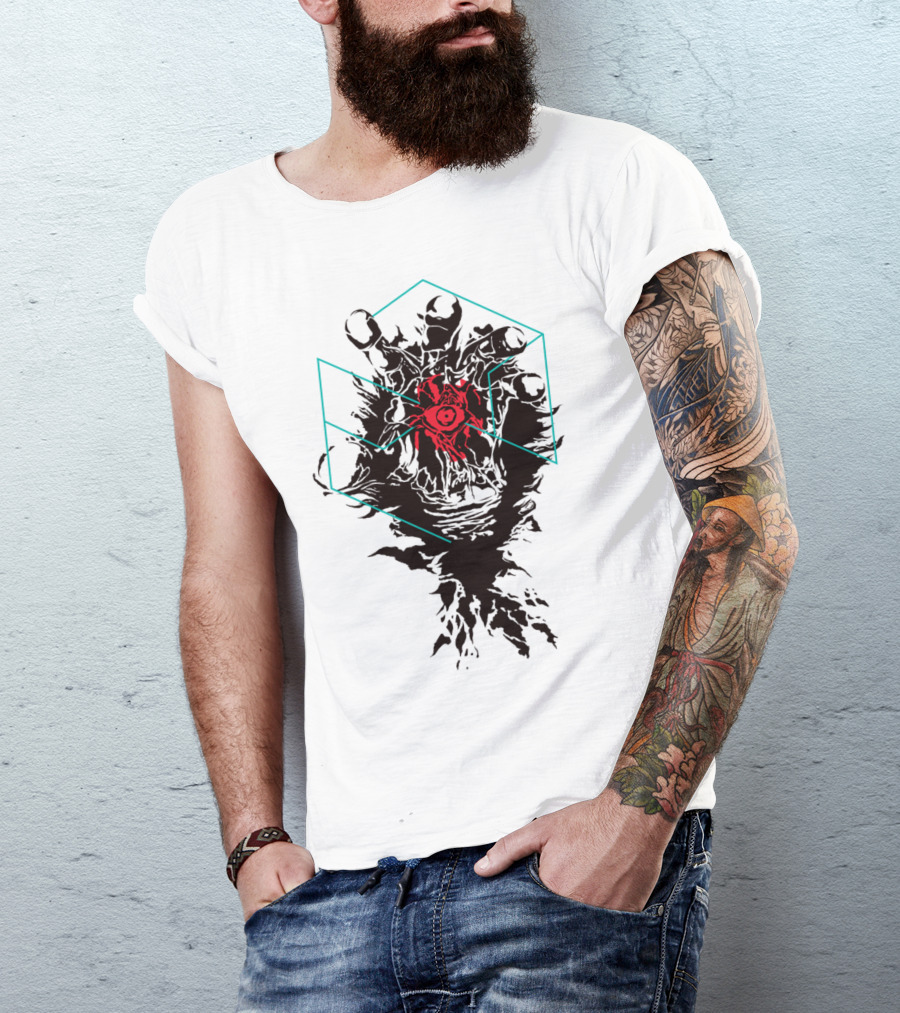 Reaching Out Hand With Red Eye In Geometric Frame T-Shirt