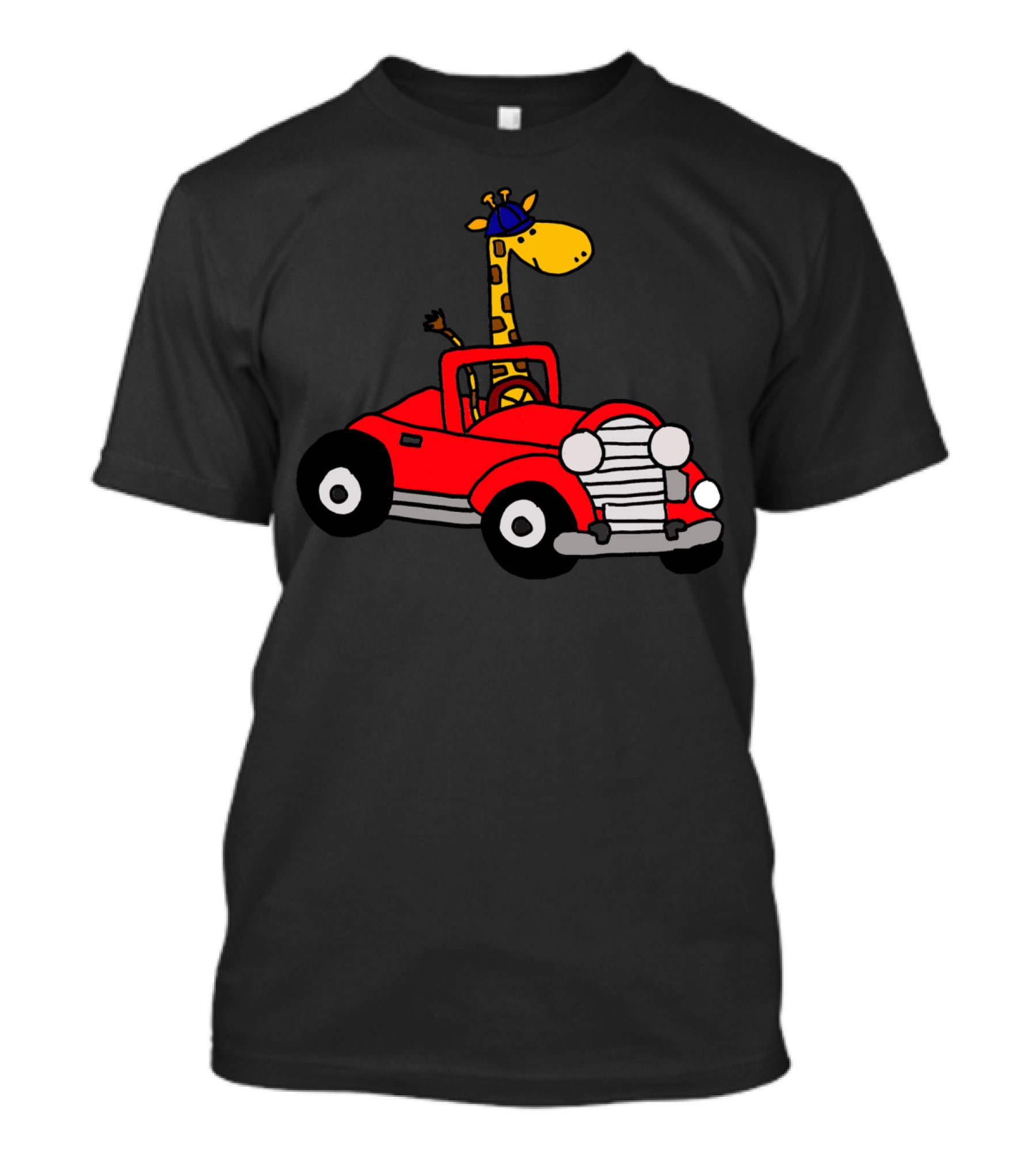 Cool Funny Giraffe Driving Red Convertible With Blue Hat T-Shirt