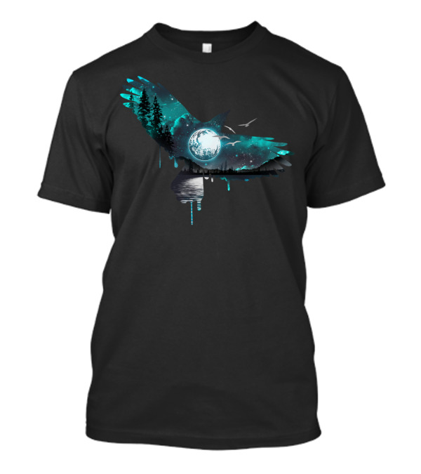 Moonlit Bird Flight Over Forest And Lake With Stars T-Shirt