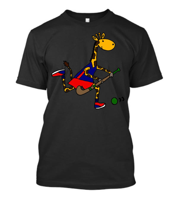 Cool Funny Giraffe Playing Field Hockey In Colorful T-Shirt