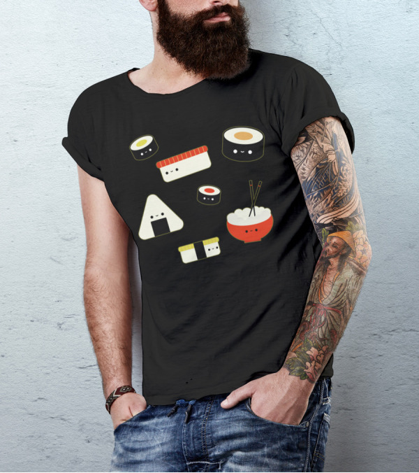 Kawaii Sushi Rolls Onigiri Bowl And Chopsticks Cute Faces T-Shirt