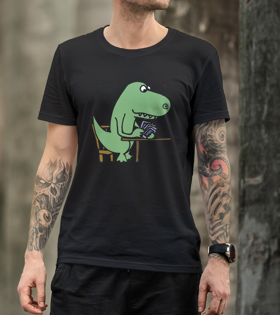 Cool Funny Green Rex Dinosaur Playing Cards At Table T-Shirt