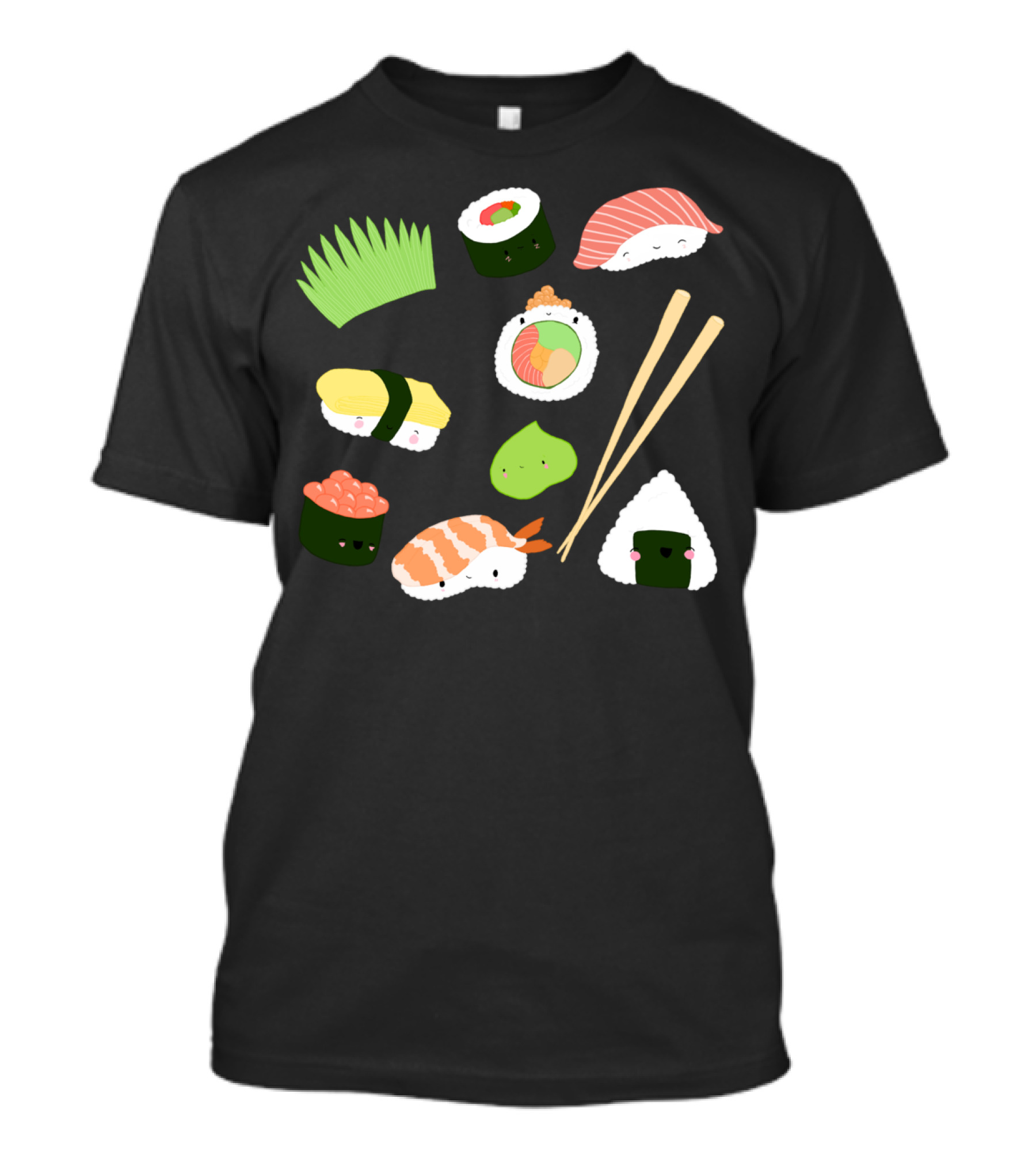 Adorable Sushi Characters Happy Sushi Time With Chopsticks And Wasabi T-Shirt