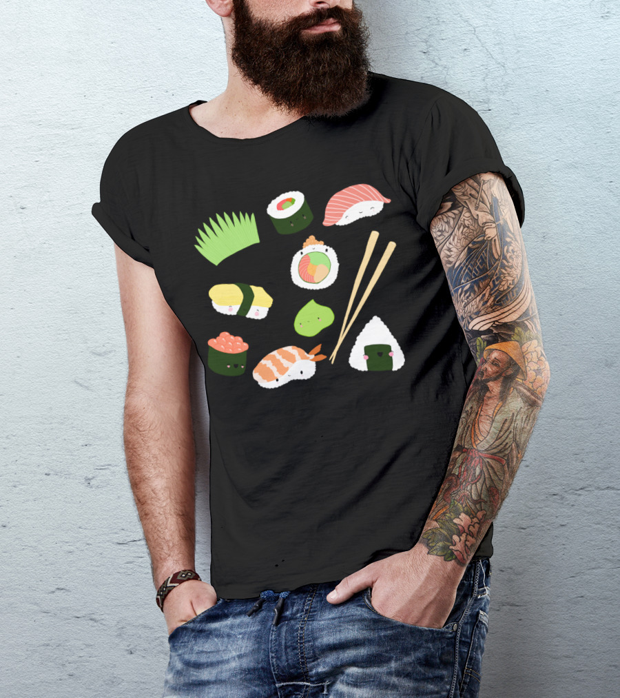 Adorable Sushi Characters Happy Sushi Time With Chopsticks And Wasabi T-Shirt