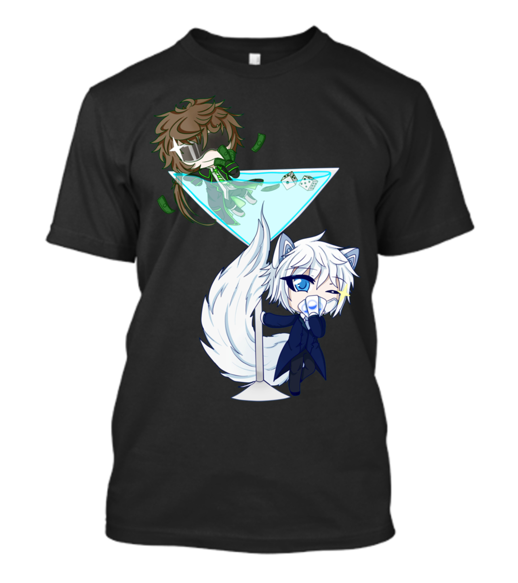 Dice X Ace Chibi Characters In Martini Glass With Dice And Money T-Shirt