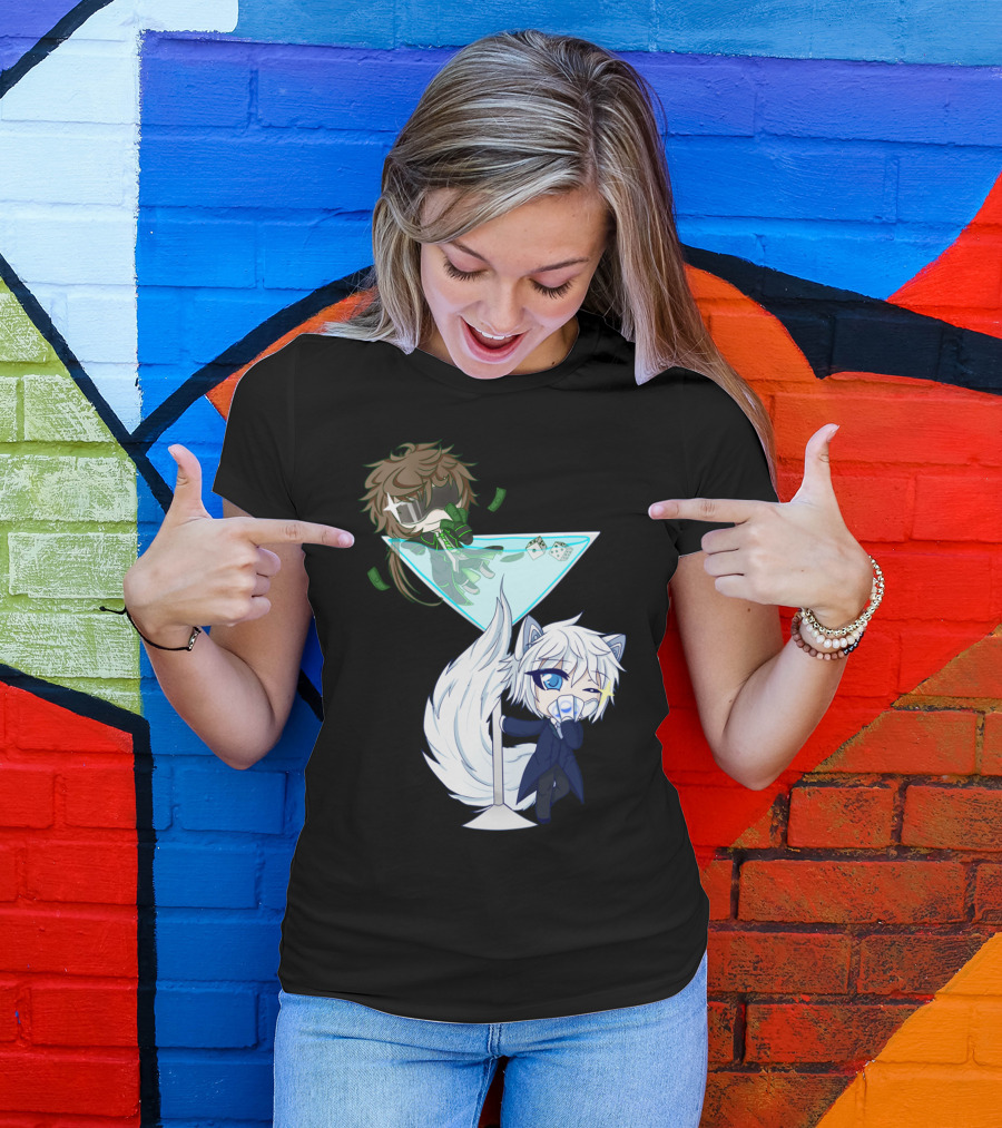 Dice X Ace Chibi Characters In Martini Glass With Dice And Money T-Shirt
