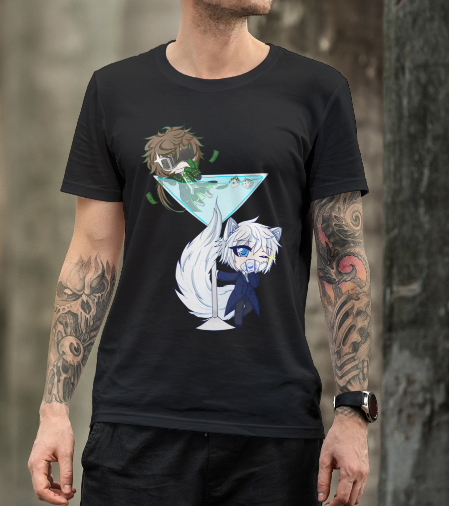 Dice X Ace Chibi Characters In Martini Glass With Dice And Money T-Shirt