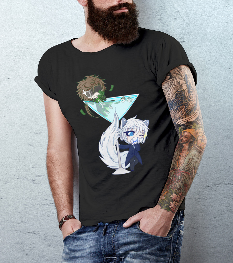 Dice X Ace Chibi Characters In Martini Glass With Dice And Money T-Shirt