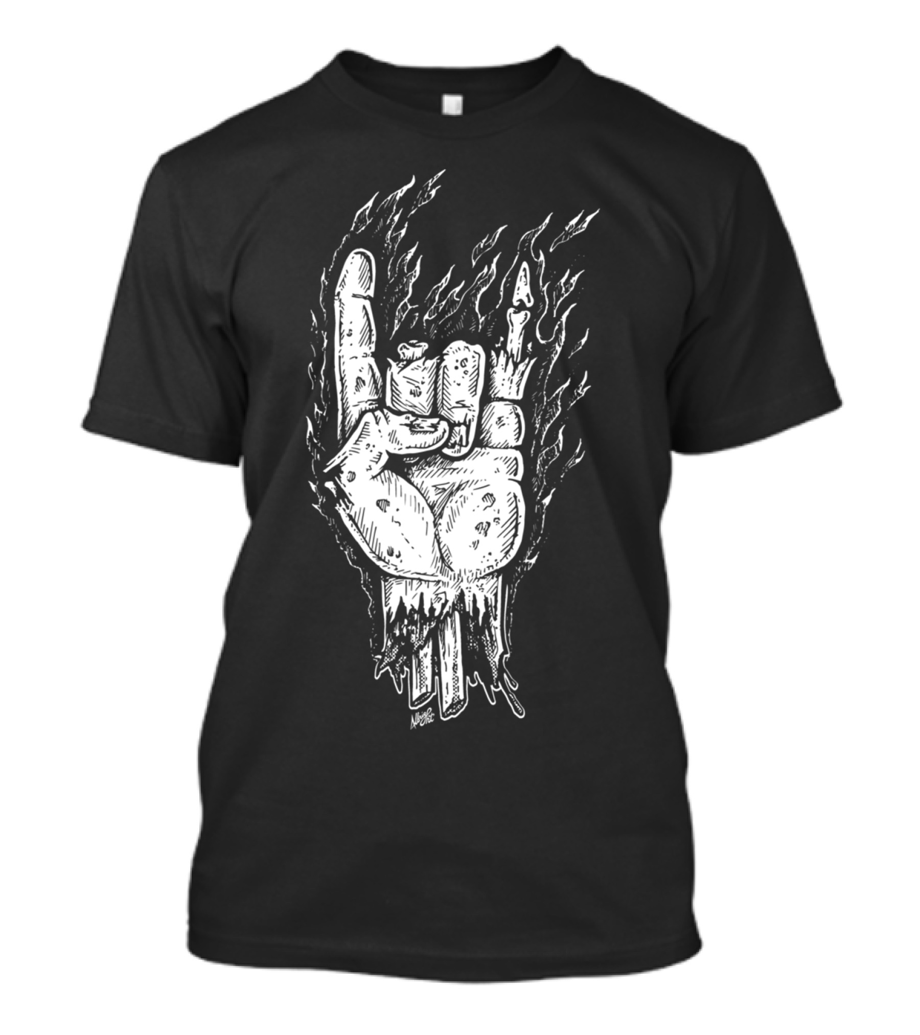 Night Of The Living Death Metal Flame Skull Hand Gesture T-Shirt