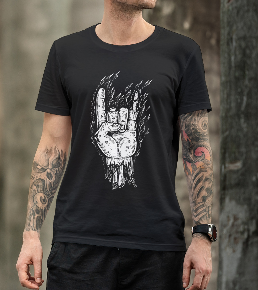 Night Of The Living Death Metal Flame Skull Hand Gesture T-Shirt