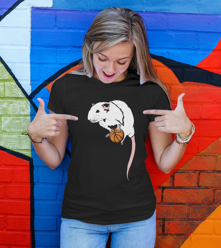 Basketball Rat Holding Orange Ball Adorable Pet Image T-Shirt
