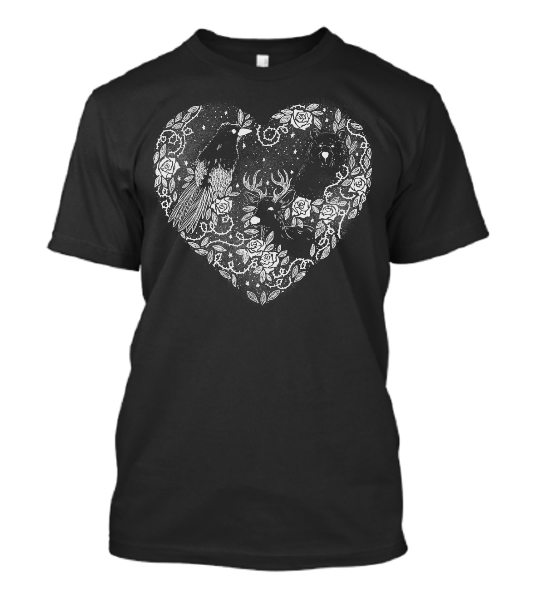 Heart Of Roses With Raven, Deer, And Bear Among Stars T-Shirt
