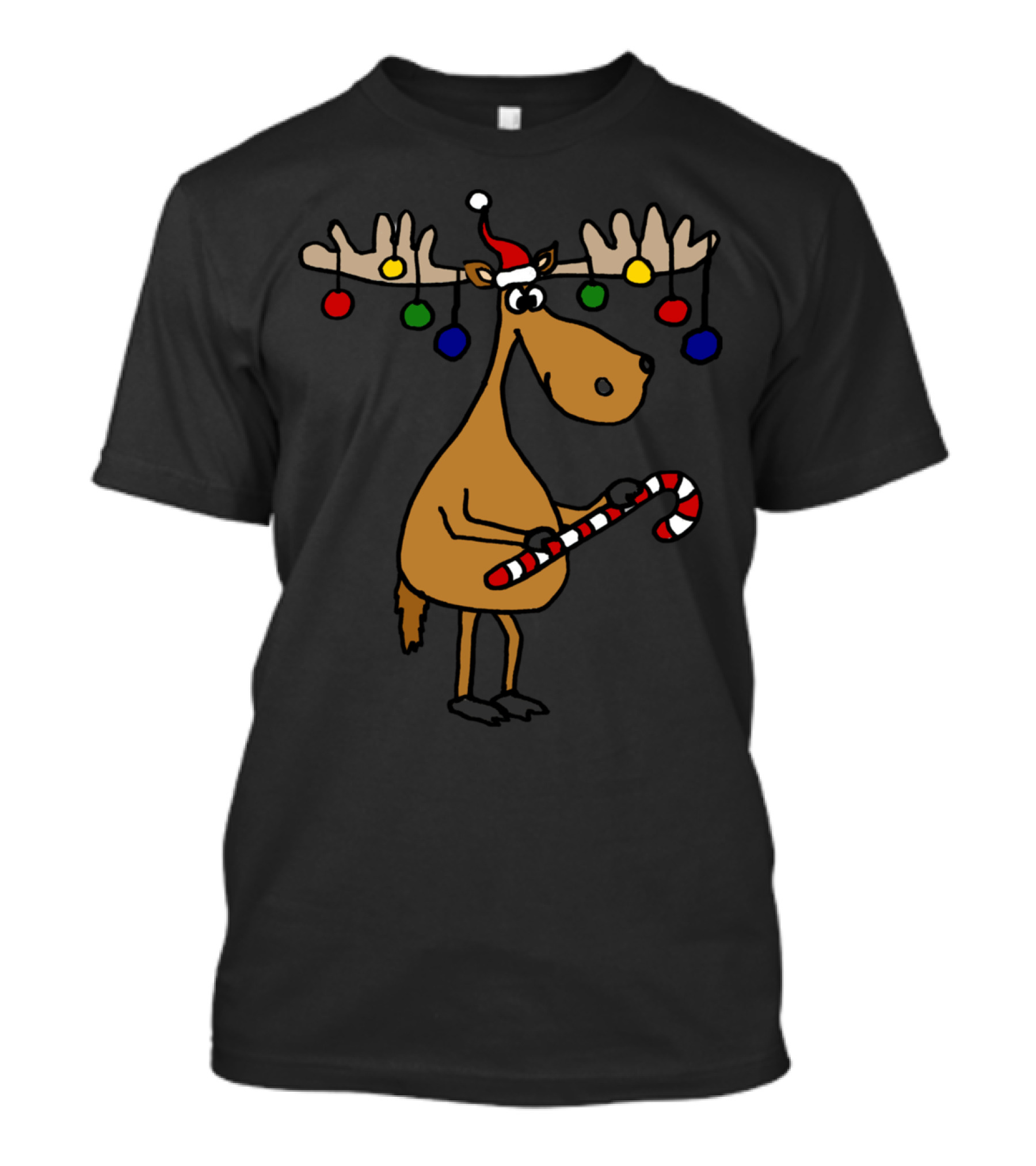Cool Funny Moose With Christmas Ornaments Candy Cane Hat T-Shirt