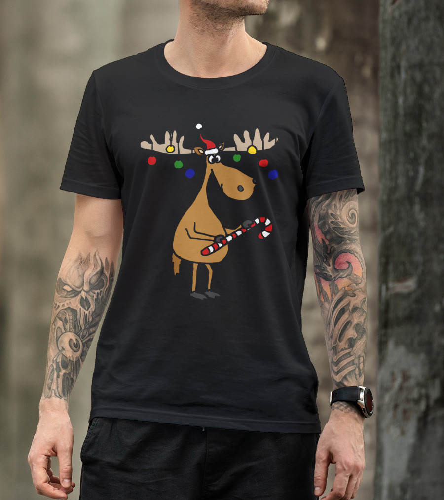 Cool Funny Moose With Christmas Ornaments Candy Cane Hat T-Shirt